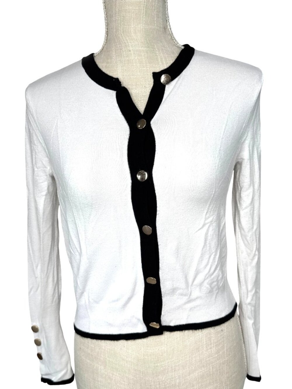 Zara Knit Womens White & Black Trim w/Gold Buttons Cardigan Sweater S